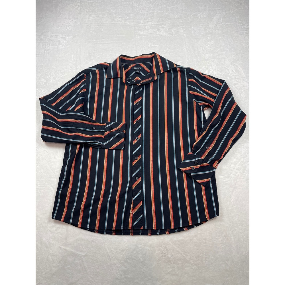 Bruno Mens Striped Button Down Shirt Black Orange Blue Cotton Large RN 97565 Y2K